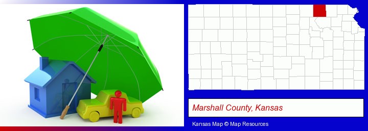 types of insurance; Marshall County, Kansas highlighted in red on a map
