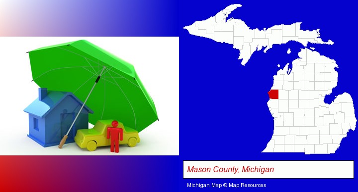 types of insurance; Mason County, Michigan highlighted in red on a map