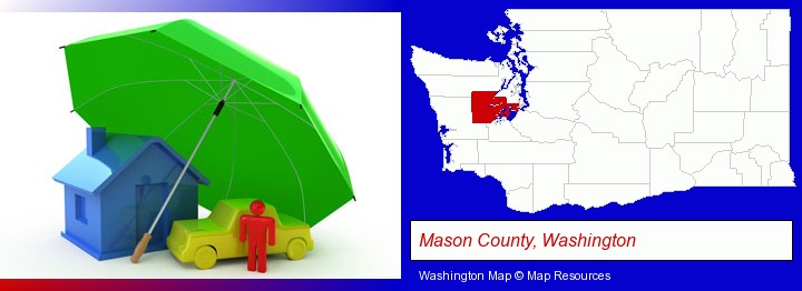 types of insurance; Mason County, Washington highlighted in red on a map