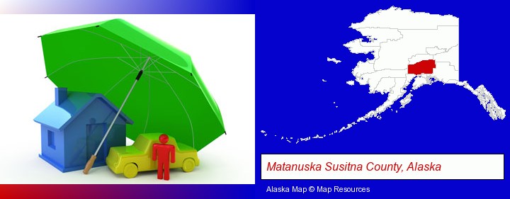 types of insurance; Matanuska Susitna County, Alaska highlighted in red on a map