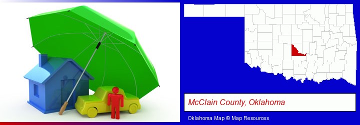 types of insurance; McClain County, Oklahoma highlighted in red on a map