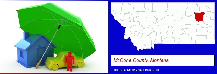 types of insurance; McCone County, Montana highlighted in red on a map