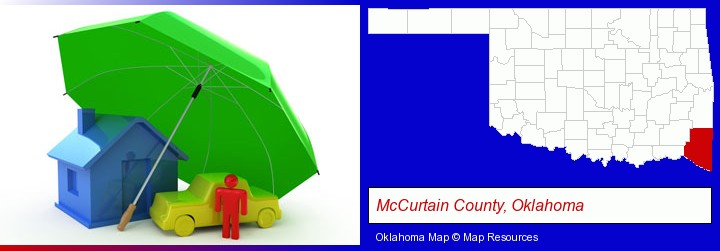 types of insurance; McCurtain County, Oklahoma highlighted in red on a map