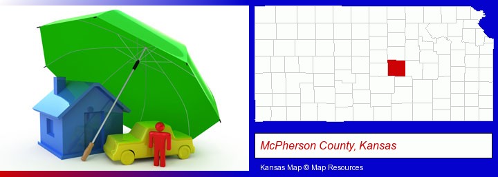 types of insurance; McPherson County, Kansas highlighted in red on a map