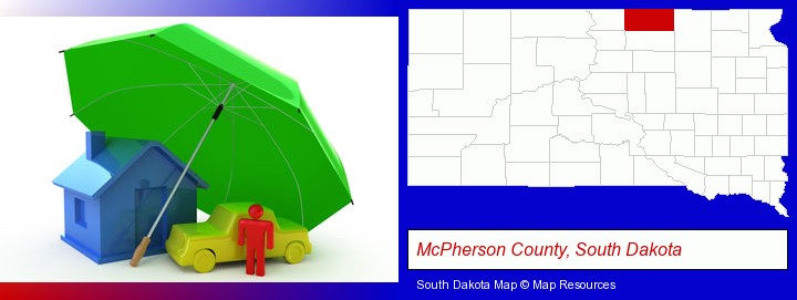 types of insurance; McPherson County, South Dakota highlighted in red on a map