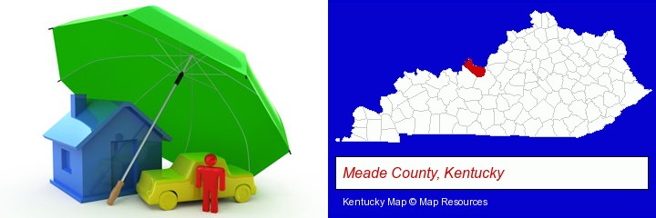 types of insurance; Meade County, Kentucky highlighted in red on a map