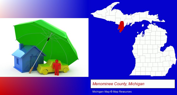 types of insurance; Menominee County, Michigan highlighted in red on a map