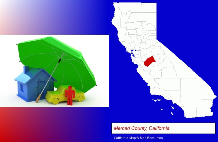types of insurance; Merced County, California highlighted in red on a map