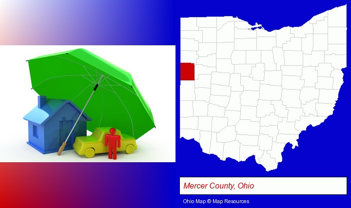 types of insurance; Mercer County, Ohio highlighted in red on a map