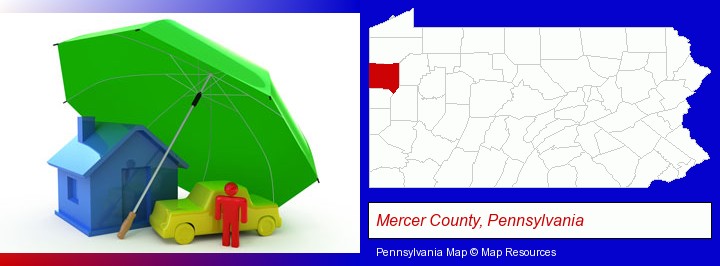 types of insurance; Mercer County, Pennsylvania highlighted in red on a map