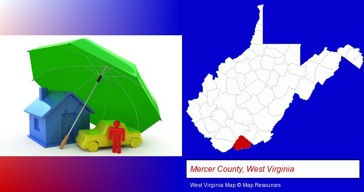 types of insurance; Mercer County, West Virginia highlighted in red on a map