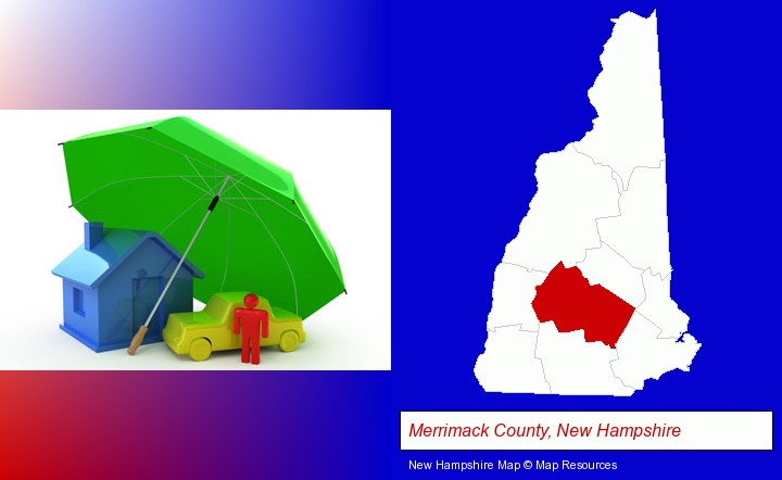 types of insurance; Merrimack County, New Hampshire highlighted in red on a map