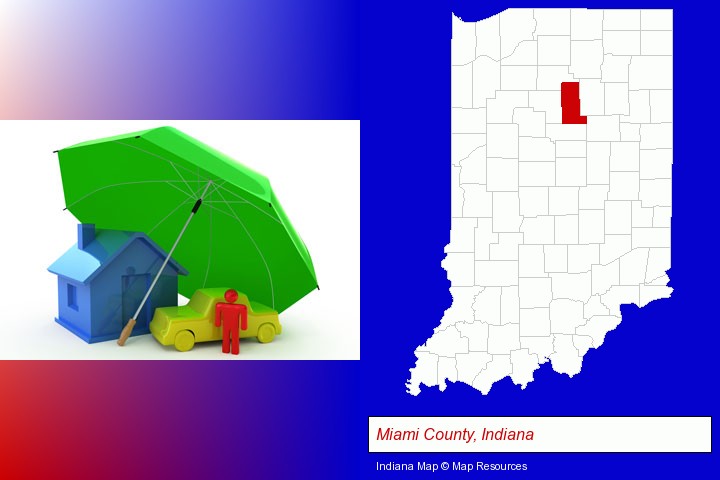 types of insurance; Miami County, Indiana highlighted in red on a map