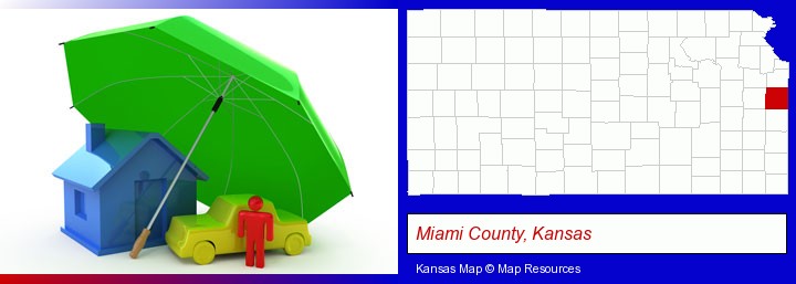 types of insurance; Miami County, Kansas highlighted in red on a map