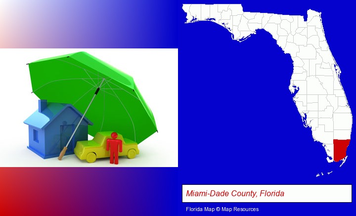 types of insurance; Miami-Dade County, Florida highlighted in red on a map