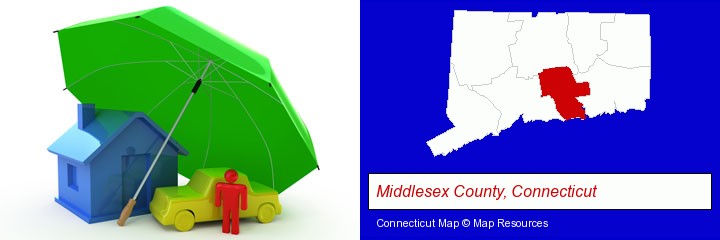 types of insurance; Middlesex County, Connecticut highlighted in red on a map