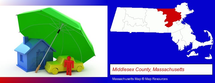 types of insurance; Middlesex County, Massachusetts highlighted in red on a map