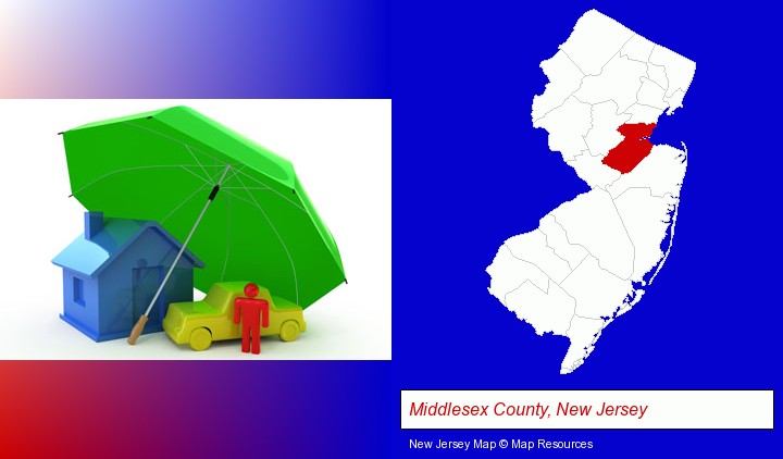 types of insurance; Middlesex County, New Jersey highlighted in red on a map