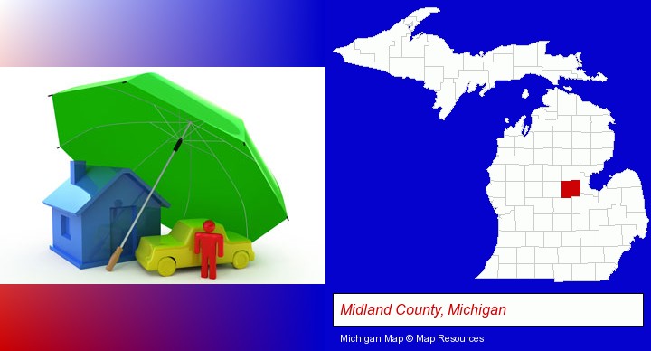 types of insurance; Midland County, Michigan highlighted in red on a map