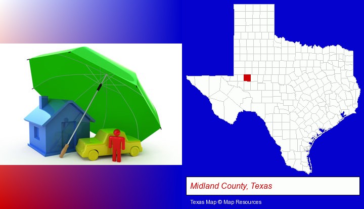 types of insurance; Midland County, Texas highlighted in red on a map