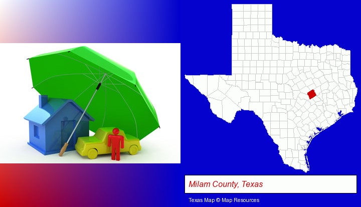 types of insurance; Milam County, Texas highlighted in red on a map