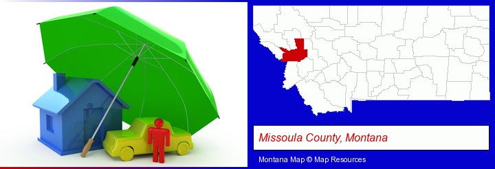 types of insurance; Missoula County, Montana highlighted in red on a map