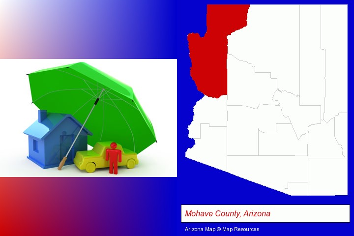 types of insurance; Mohave County, Arizona highlighted in red on a map