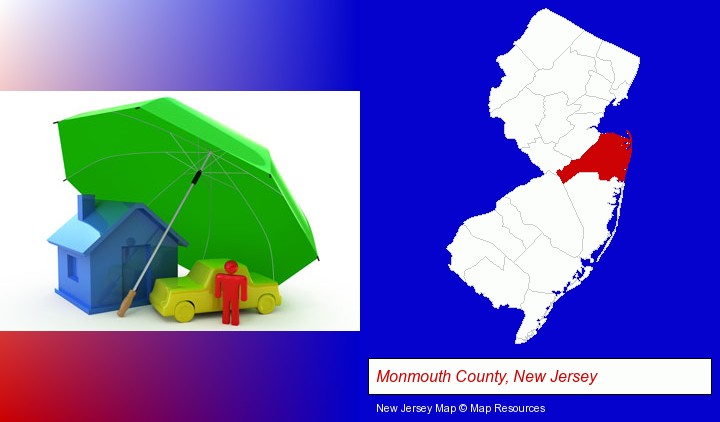 types of insurance; Monmouth County, New Jersey highlighted in red on a map