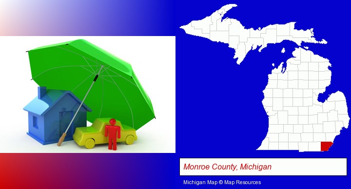 types of insurance; Monroe County, Michigan highlighted in red on a map