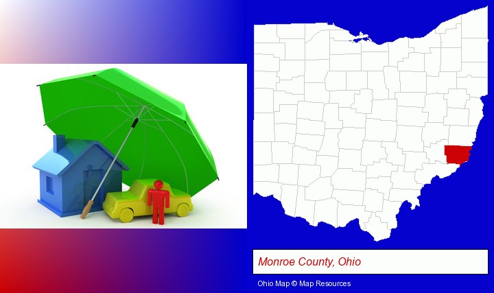 types of insurance; Monroe County, Ohio highlighted in red on a map