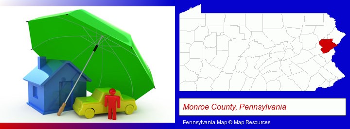 types of insurance; Monroe County, Pennsylvania highlighted in red on a map