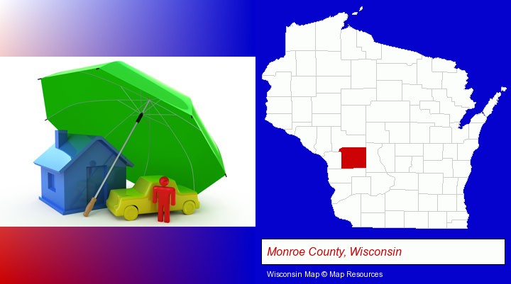 types of insurance; Monroe County, Wisconsin highlighted in red on a map