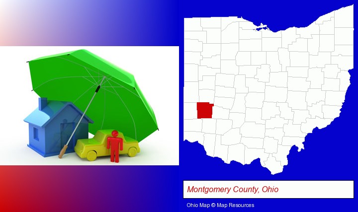 types of insurance; Montgomery County, Ohio highlighted in red on a map