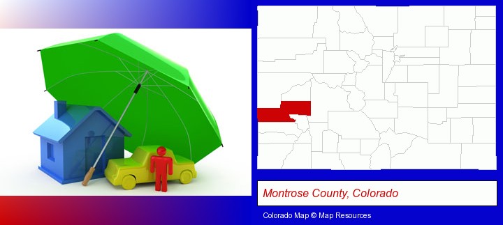 types of insurance; Montrose County, Colorado highlighted in red on a map