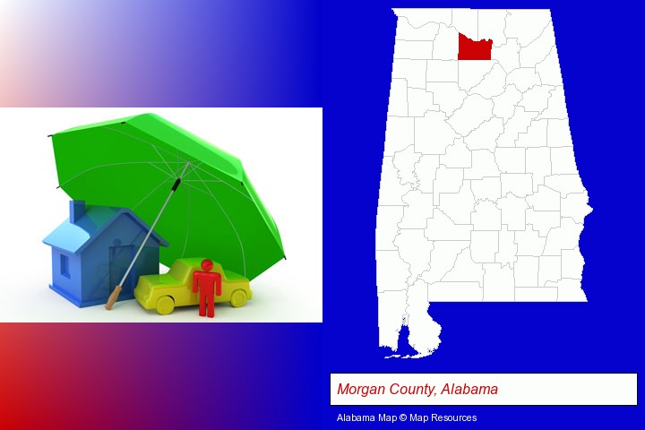types of insurance; Morgan County, Alabama highlighted in red on a map
