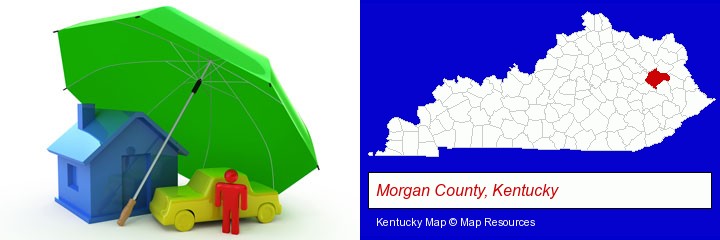 types of insurance; Morgan County, Kentucky highlighted in red on a map