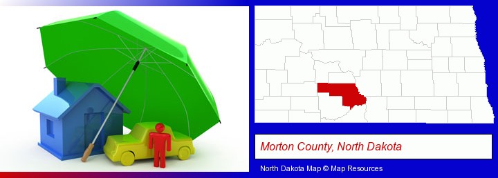 types of insurance; Morton County, North Dakota highlighted in red on a map