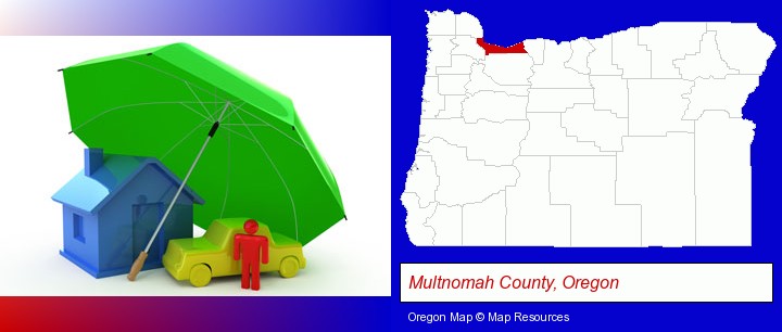 types of insurance; Multnomah County, Oregon highlighted in red on a map