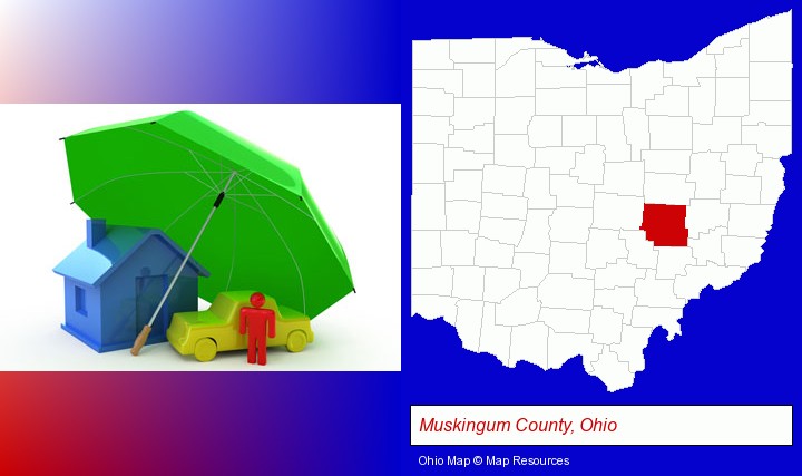 types of insurance; Muskingum County, Ohio highlighted in red on a map