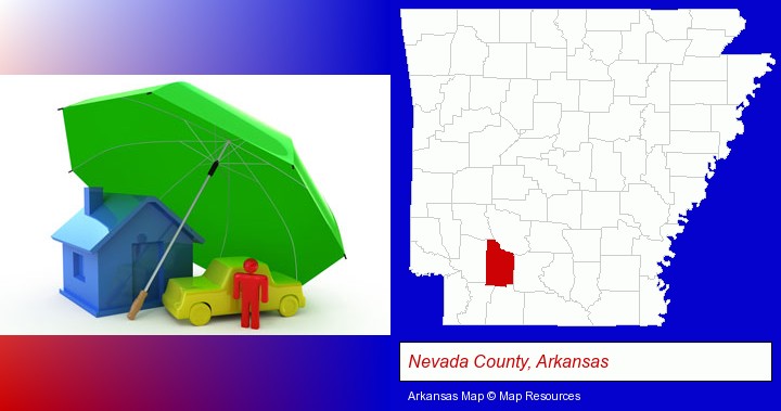 types of insurance; Nevada County, Arkansas highlighted in red on a map