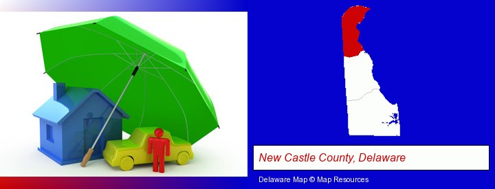 types of insurance; New Castle County, Delaware highlighted in red on a map