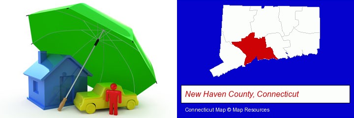 types of insurance; New Haven County, Connecticut highlighted in red on a map