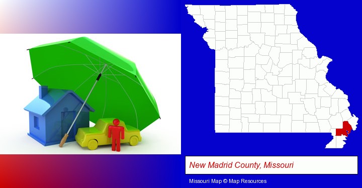 types of insurance; New Madrid County, Missouri highlighted in red on a map