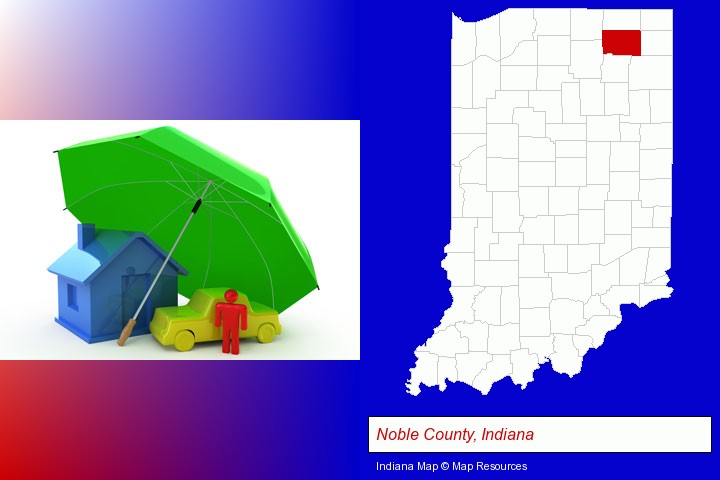 types of insurance; Noble County, Indiana highlighted in red on a map