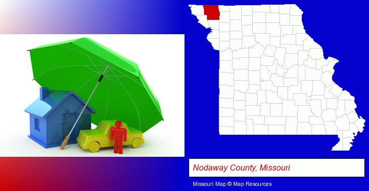 types of insurance; Nodaway County, Missouri highlighted in red on a map