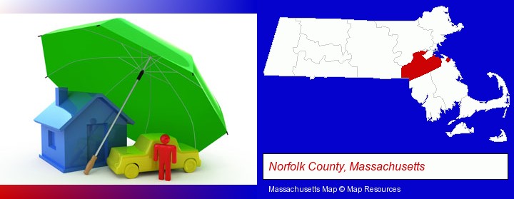 types of insurance; Norfolk County, Massachusetts highlighted in red on a map