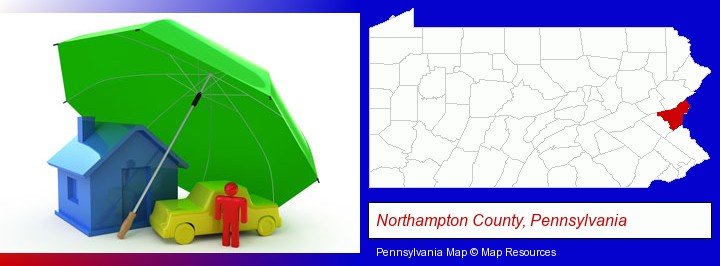 types of insurance; Northampton County, Pennsylvania highlighted in red on a map