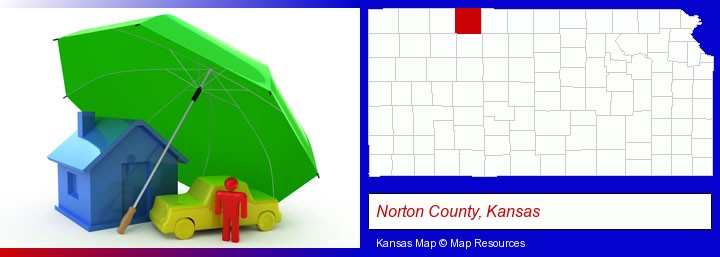 types of insurance; Norton County, Kansas highlighted in red on a map