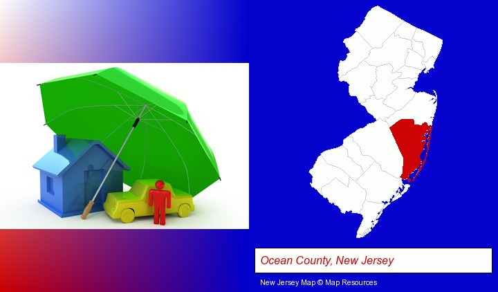 types of insurance; Ocean County, New Jersey highlighted in red on a map