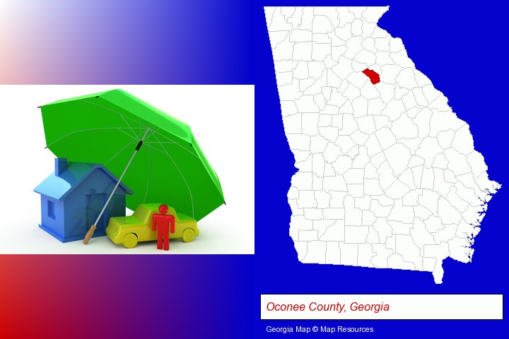 types of insurance; Oconee County, Georgia highlighted in red on a map